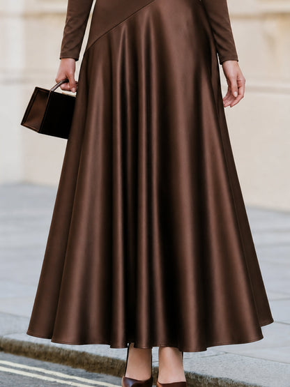 High‑Neck Long‑Sleeve Mixed‑Fabric Satin Maxi Dress