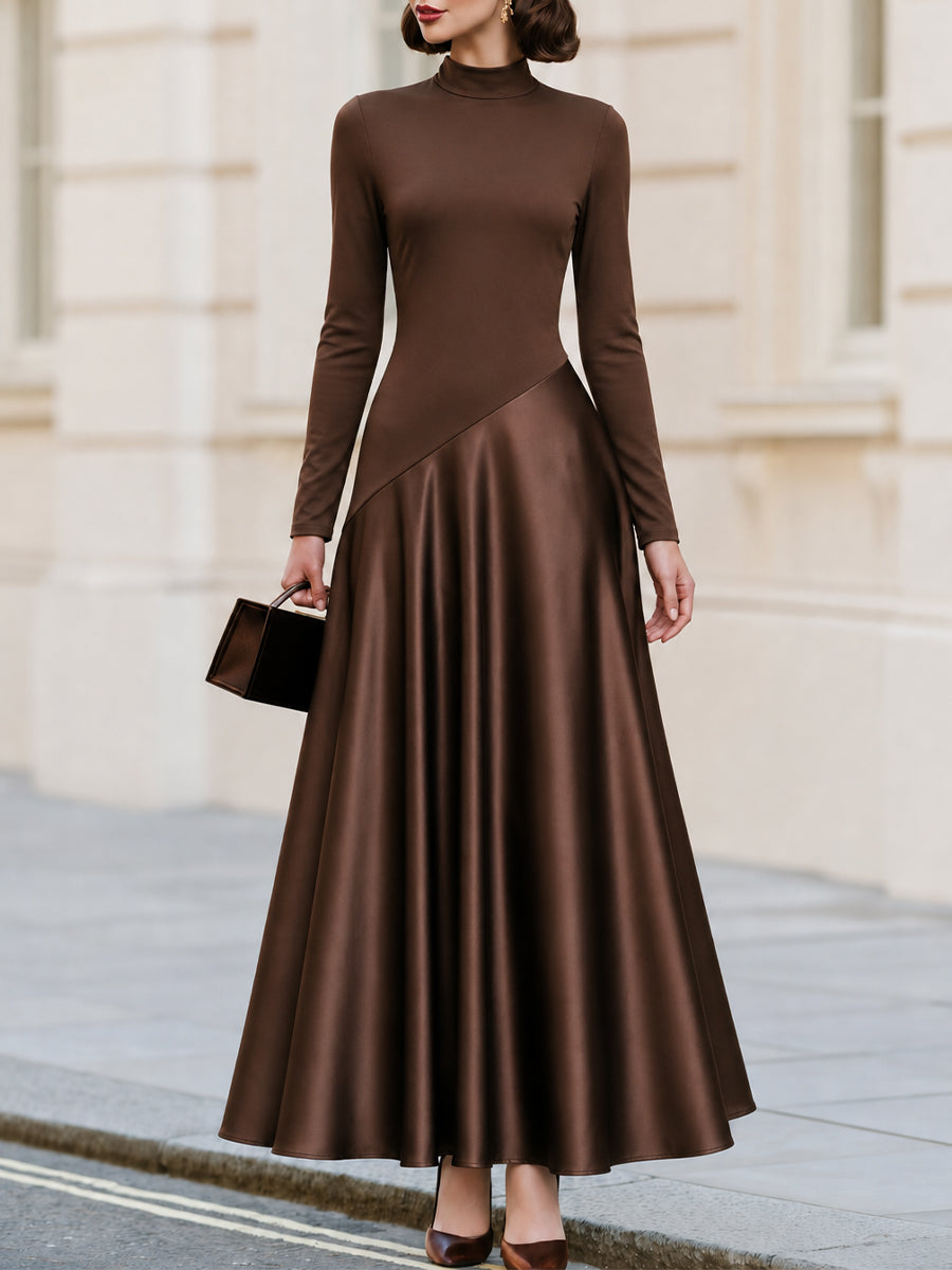 High‑Neck Long‑Sleeve Mixed‑Fabric Satin Maxi Dress