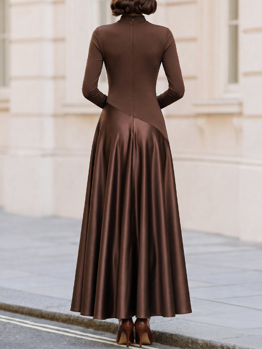 High‑Neck Long‑Sleeve Mixed‑Fabric Satin Maxi Dress