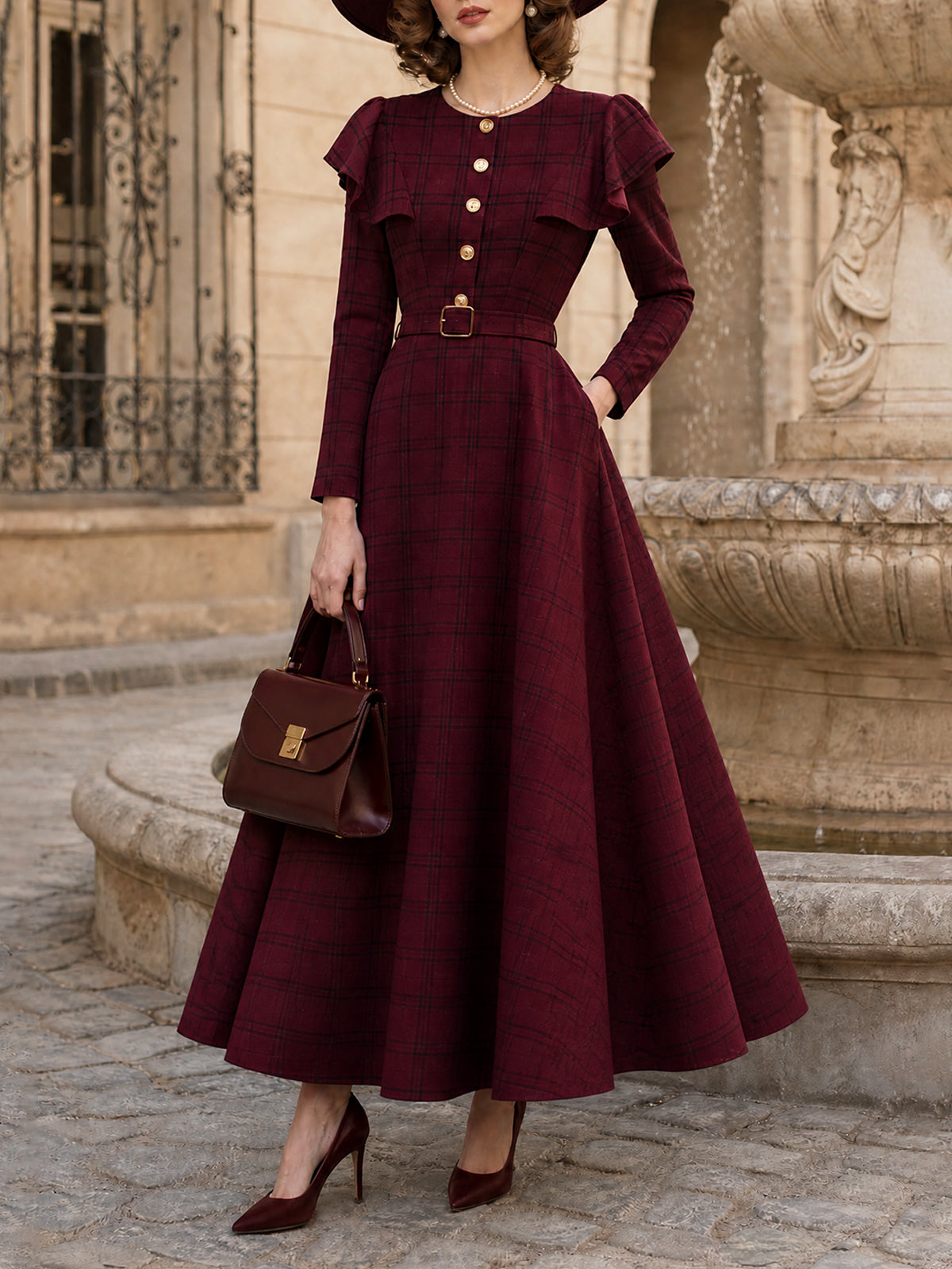Vintage Burgundy Plaid Belted Long Sleeve Maxi Dress