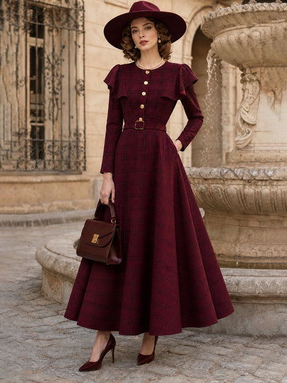 Vintage Burgundy Plaid Belted Long Sleeve Maxi Dress