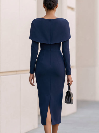 Cape‑Bow Shoulder Long Sleeve Crepe Midi Bodycon Dress