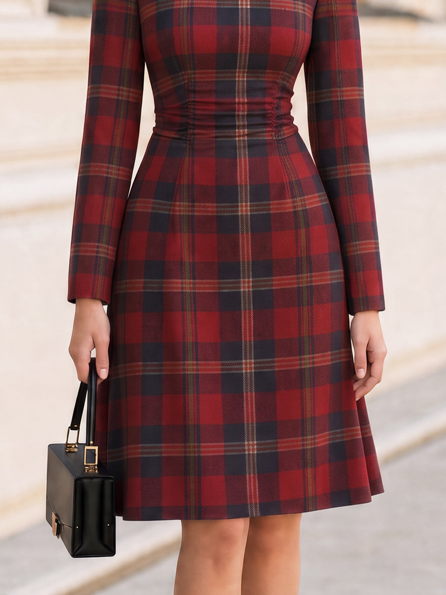 Round Neck Long Sleeve Waist Gathered A‑Line Midi Dress