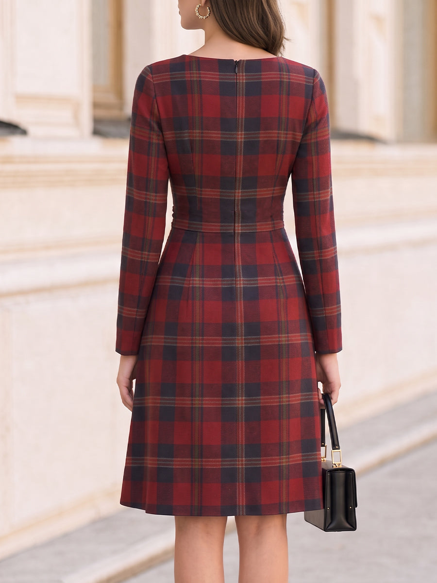 Round Neck Long Sleeve Waist Gathered A‑Line Midi Dress