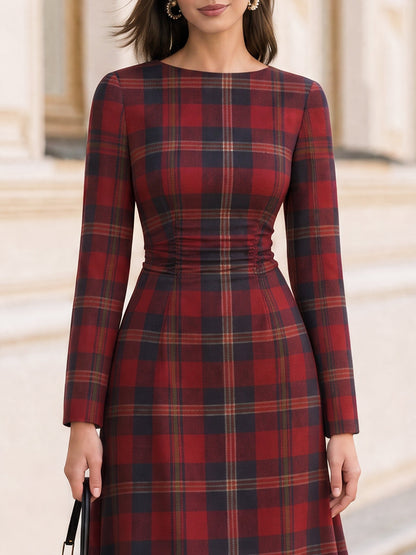 Round Neck Long Sleeve Waist Gathered A‑Line Midi Dress