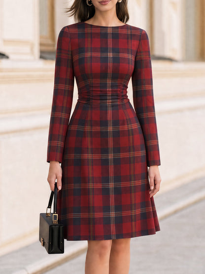 Round Neck Long Sleeve Waist Gathered A‑Line Midi Dress