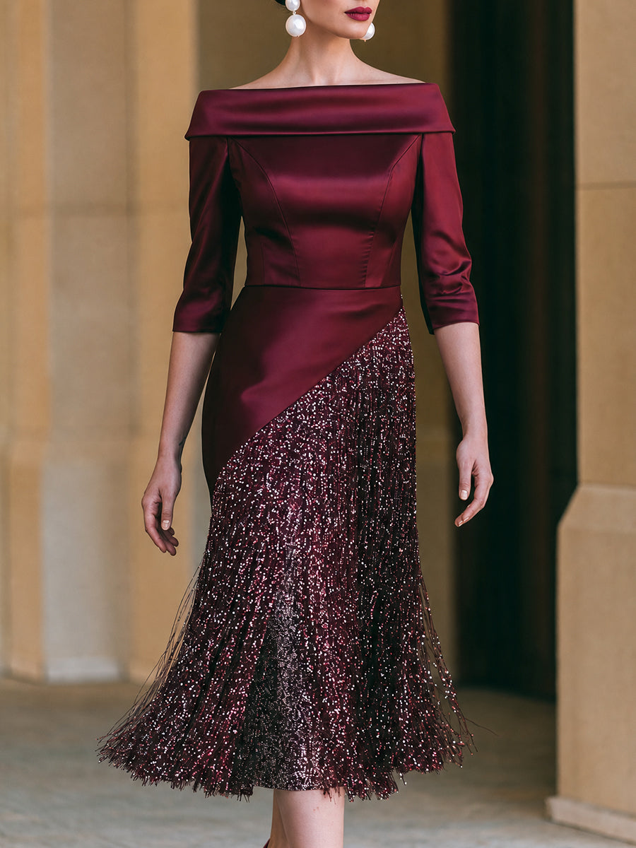 Off-Shoulder Satin Sequin Fringe Midi Dress