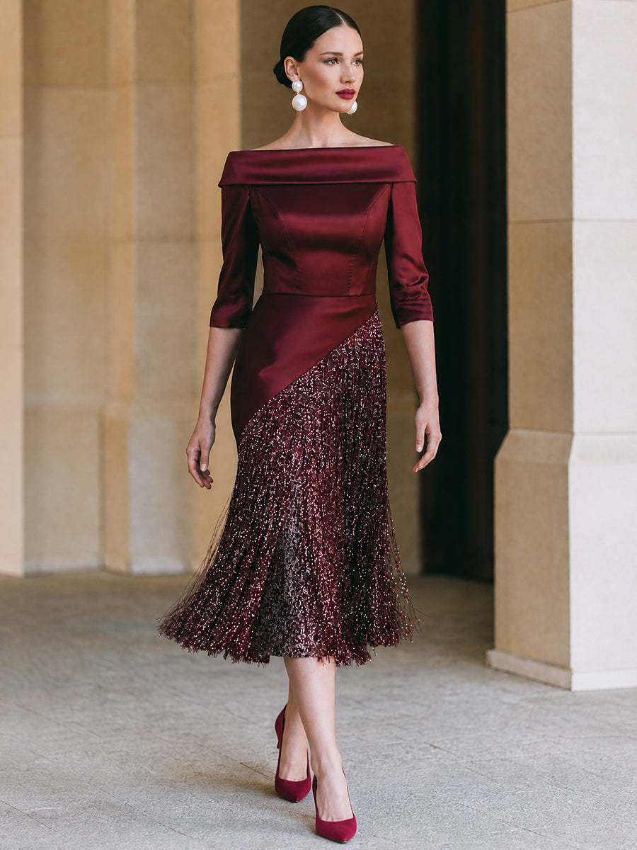 Off-Shoulder Satin Sequin Fringe Midi Dress