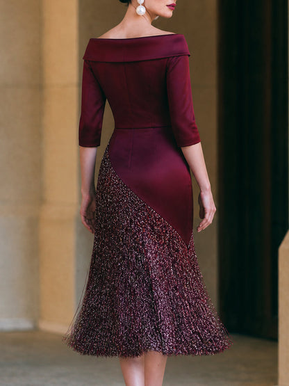 Off-Shoulder Satin Sequin Fringe Midi Dress