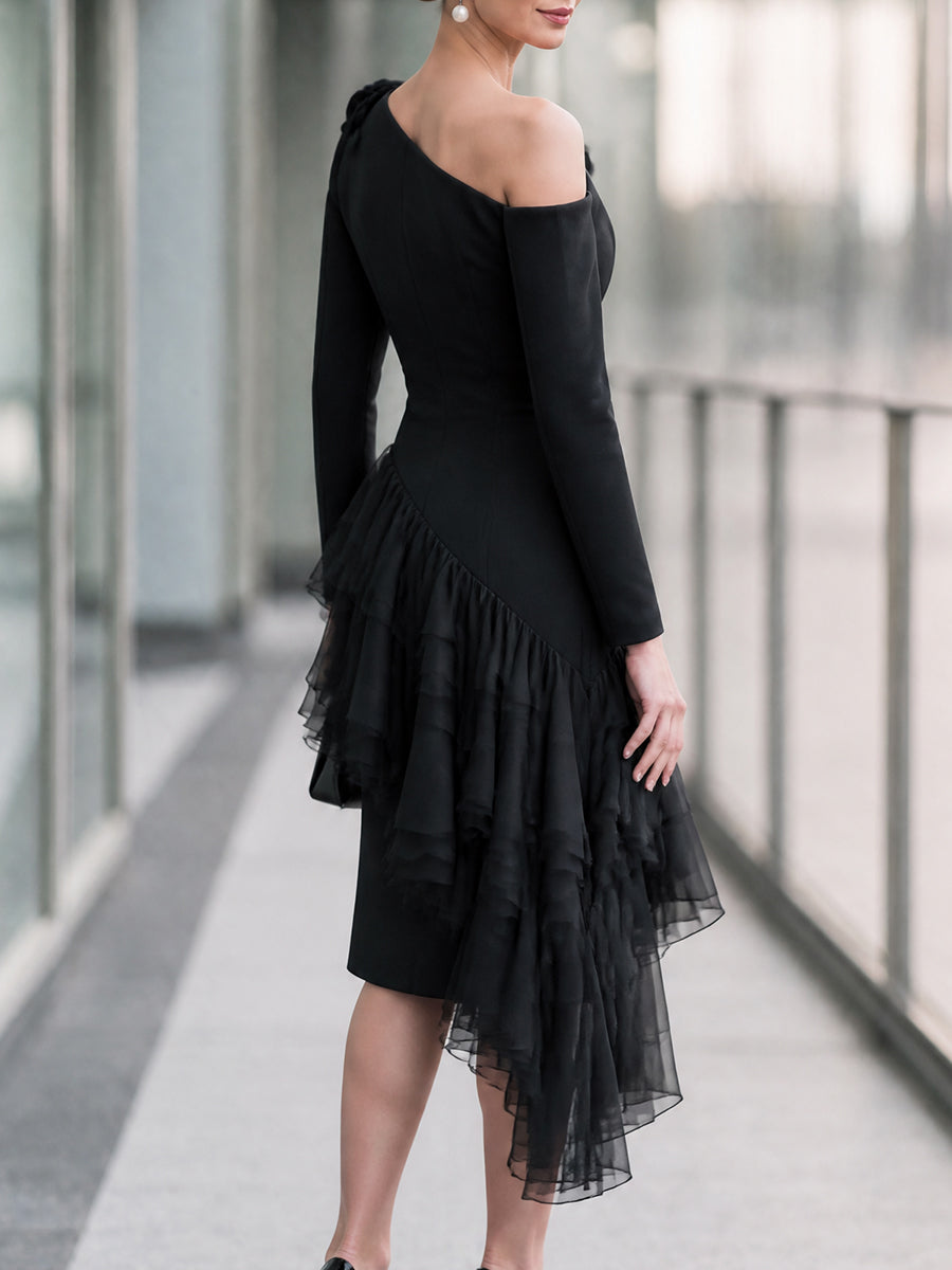 One-Shoulder Rosette Cascading Ruffle Midi Dress