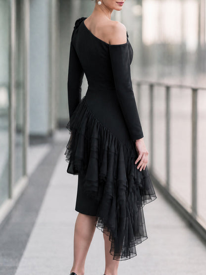 One-Shoulder Rosette Cascading Ruffle Midi Dress