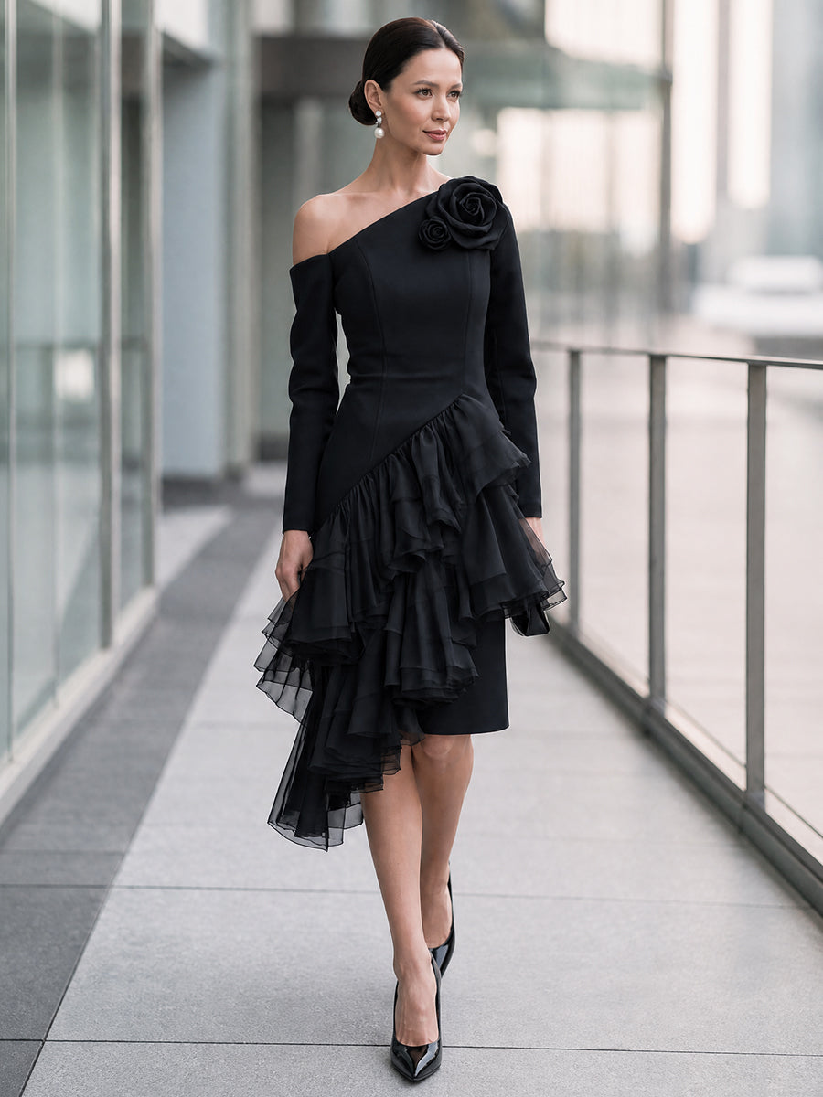 One-Shoulder Rosette Cascading Ruffle Midi Dress