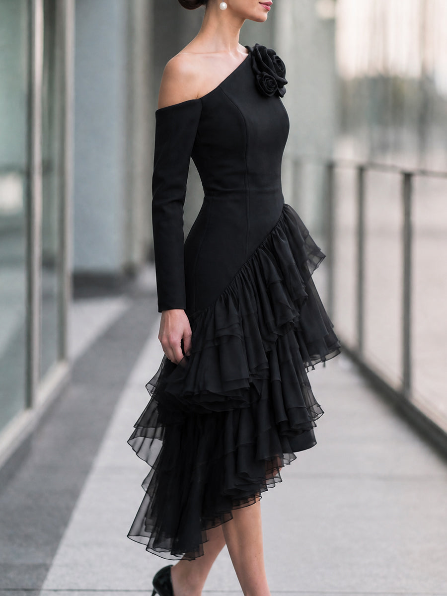 One-Shoulder Rosette Cascading Ruffle Midi Dress