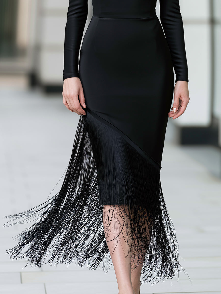 Sheer-Yoke Asymmetric Fringe Midi Dress
