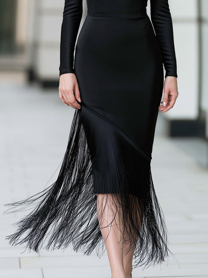 Sheer-Yoke Asymmetric Fringe Midi Dress