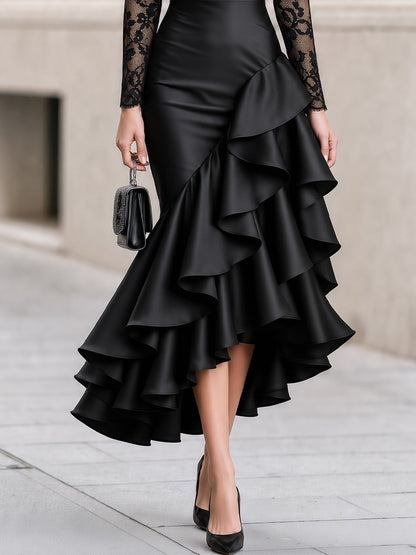 Long‑Sleeve Floral Lace Bodice Satin Asymmetrical Ruffle High‑Low Evening Dress