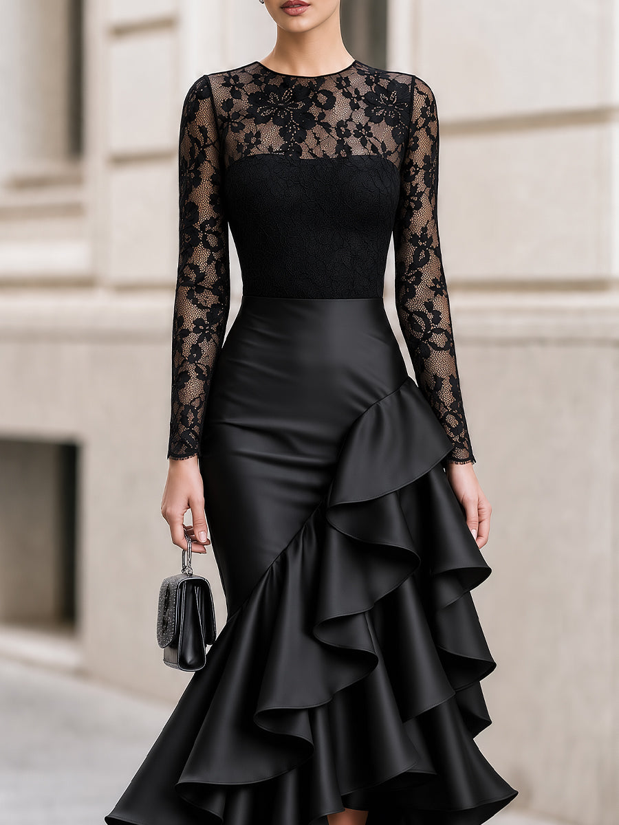 Long‑Sleeve Floral Lace Bodice Satin Asymmetrical Ruffle High‑Low Evening Dress