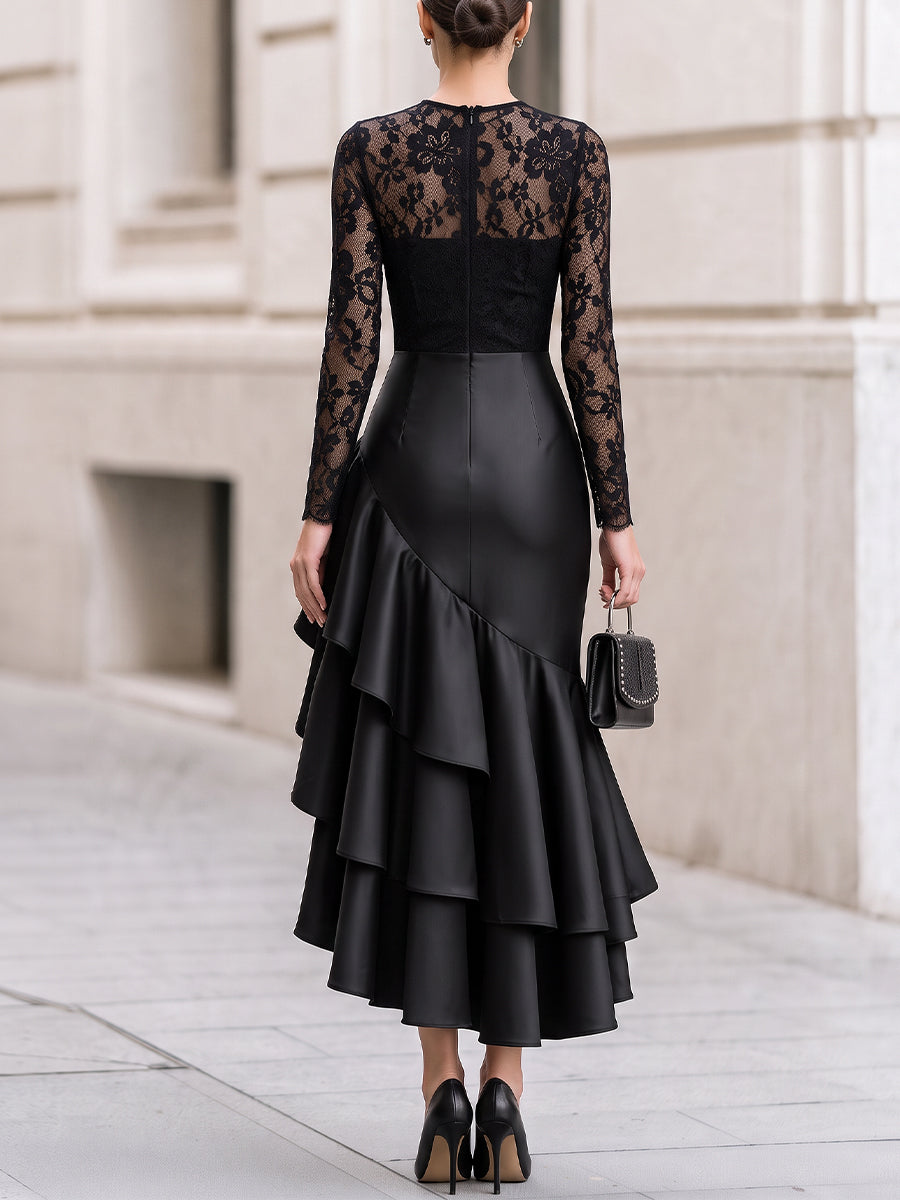 Long‑Sleeve Floral Lace Bodice Satin Asymmetrical Ruffle High‑Low Evening Dress