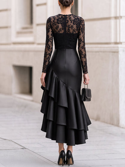 Long‑Sleeve Floral Lace Bodice Satin Asymmetrical Ruffle High‑Low Evening Dress