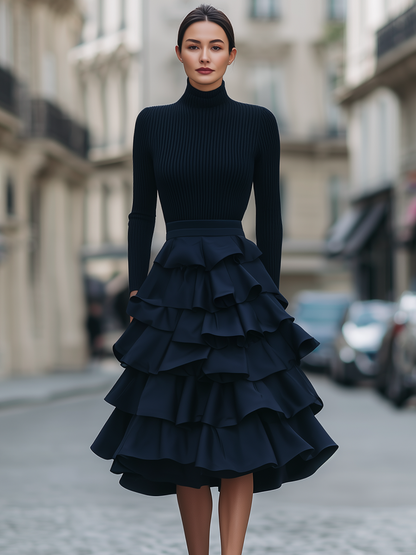 Turtleneck Ribbed-Bodice Tiered Ruffle Midi Dress