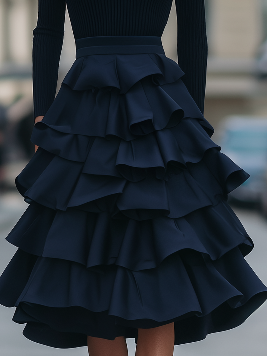 Turtleneck Ribbed-Bodice Tiered Ruffle Midi Dress