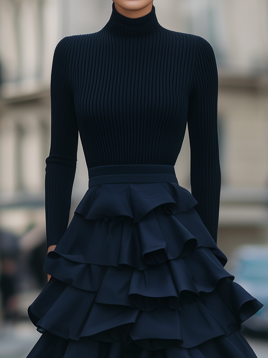 Turtleneck Ribbed-Bodice Tiered Ruffle Midi Dress