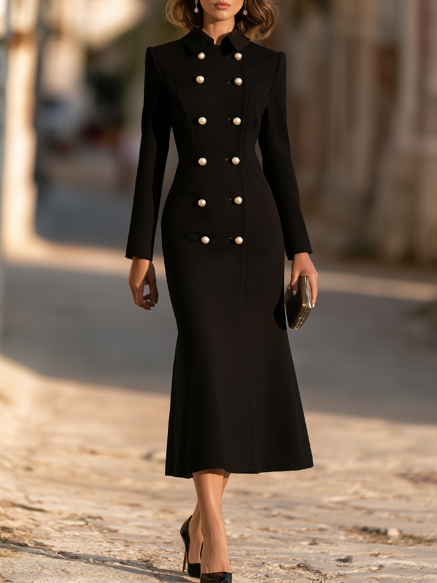 Point-Collar Double-Breasted Pearl-Button Fishtail Midi Dress