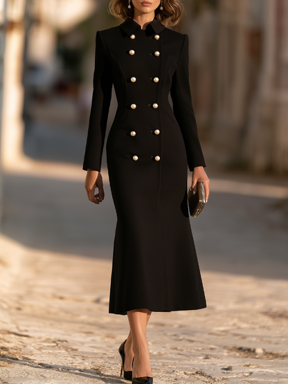 Point-Collar Double-Breasted Pearl-Button Fishtail Midi Dress