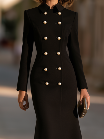 Point-Collar Double-Breasted Pearl-Button Fishtail Midi Dress
