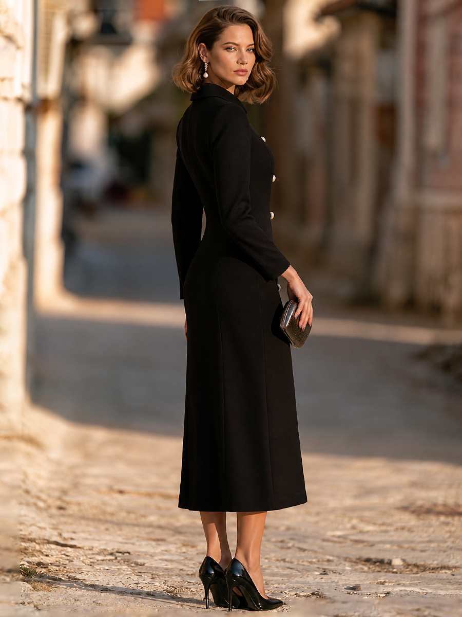 Point-Collar Double-Breasted Pearl-Button Fishtail Midi Dress