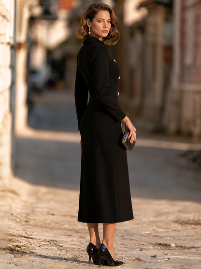 Point-Collar Double-Breasted Pearl-Button Fishtail Midi Dress