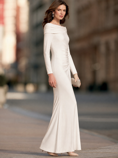 Off-Shoulder Foldover Neckline Ruched Mermaid Maxi Dress