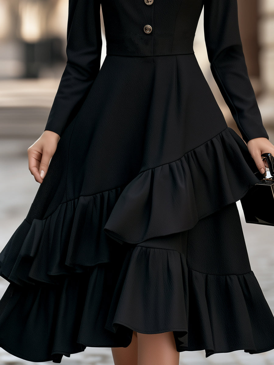 Tiered Ruffle Hem Button Front Midi Dress