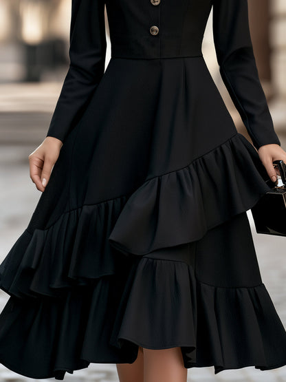 Tiered Ruffle Hem Button Front Midi Dress