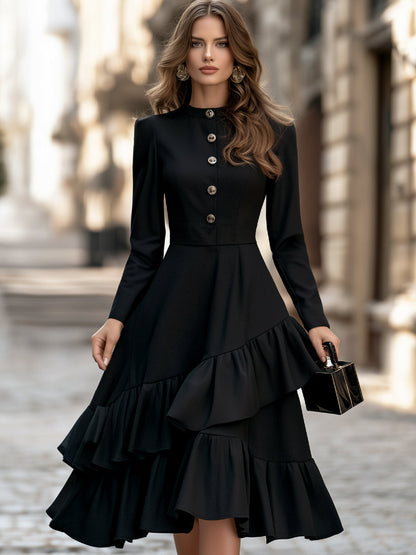 Tiered Ruffle Hem Button Front Midi Dress