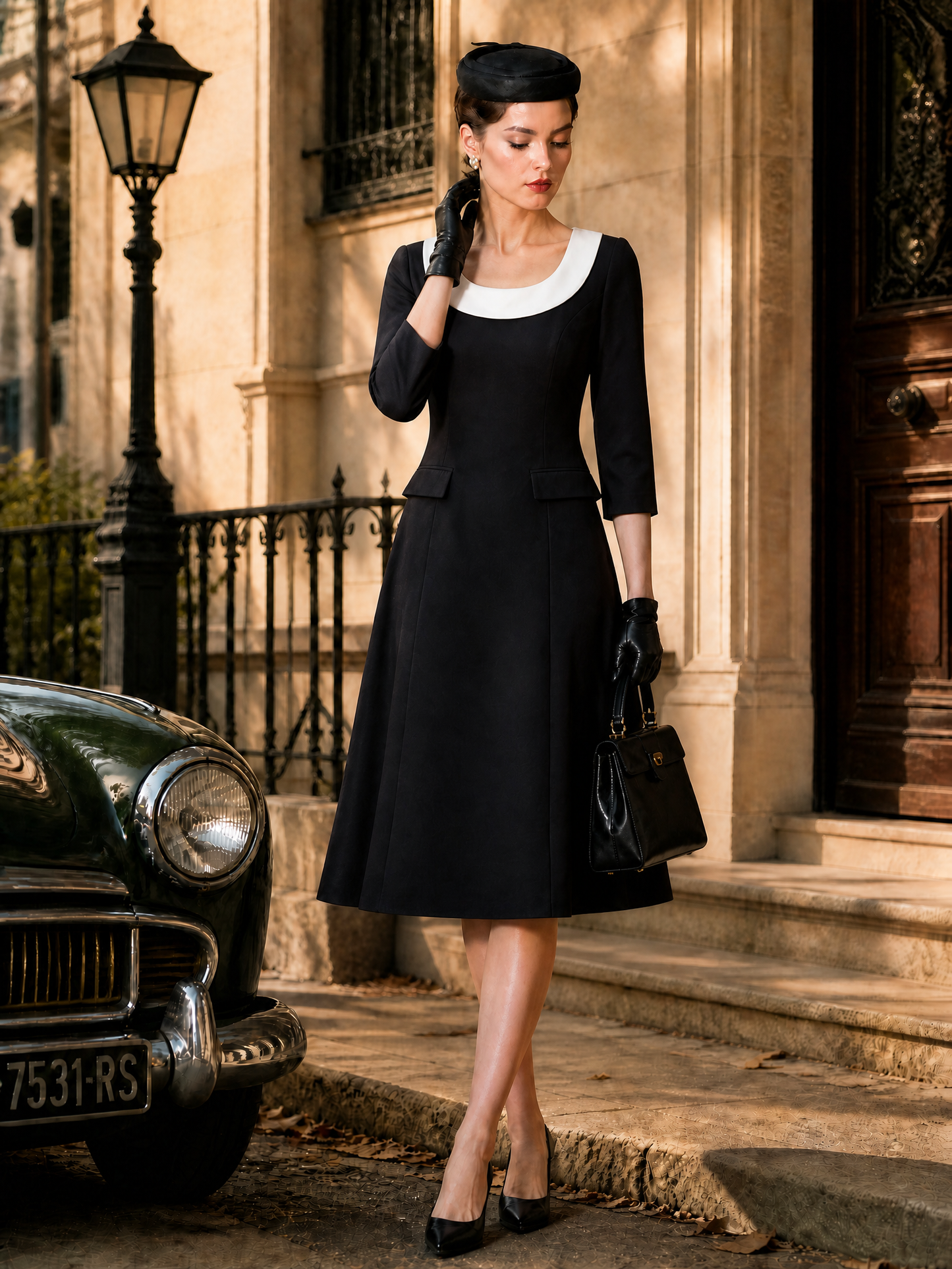 Elegant Black Contrast White Scoop-Collar Midi Dress