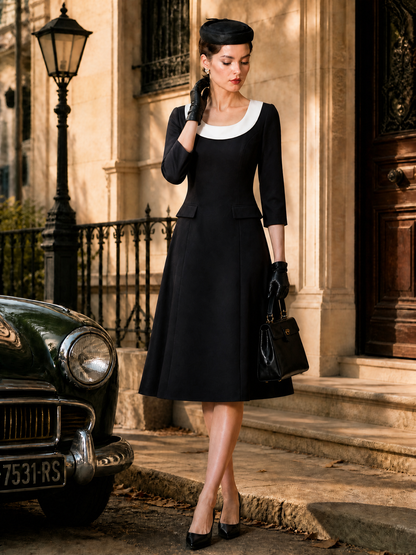 Elegant Black Contrast White Scoop-Collar Midi Dress