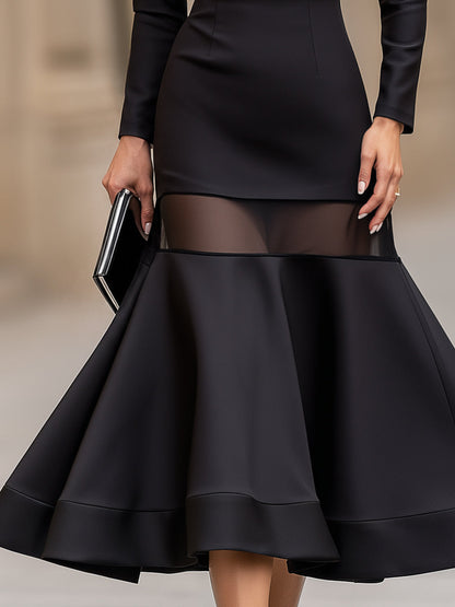 Sheer Panel Fit-and-Flare Midi Dress