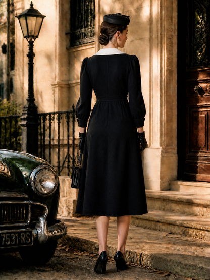 Vintage Contrast White Peter-Pan Collar Pearl-Button Midi Dress