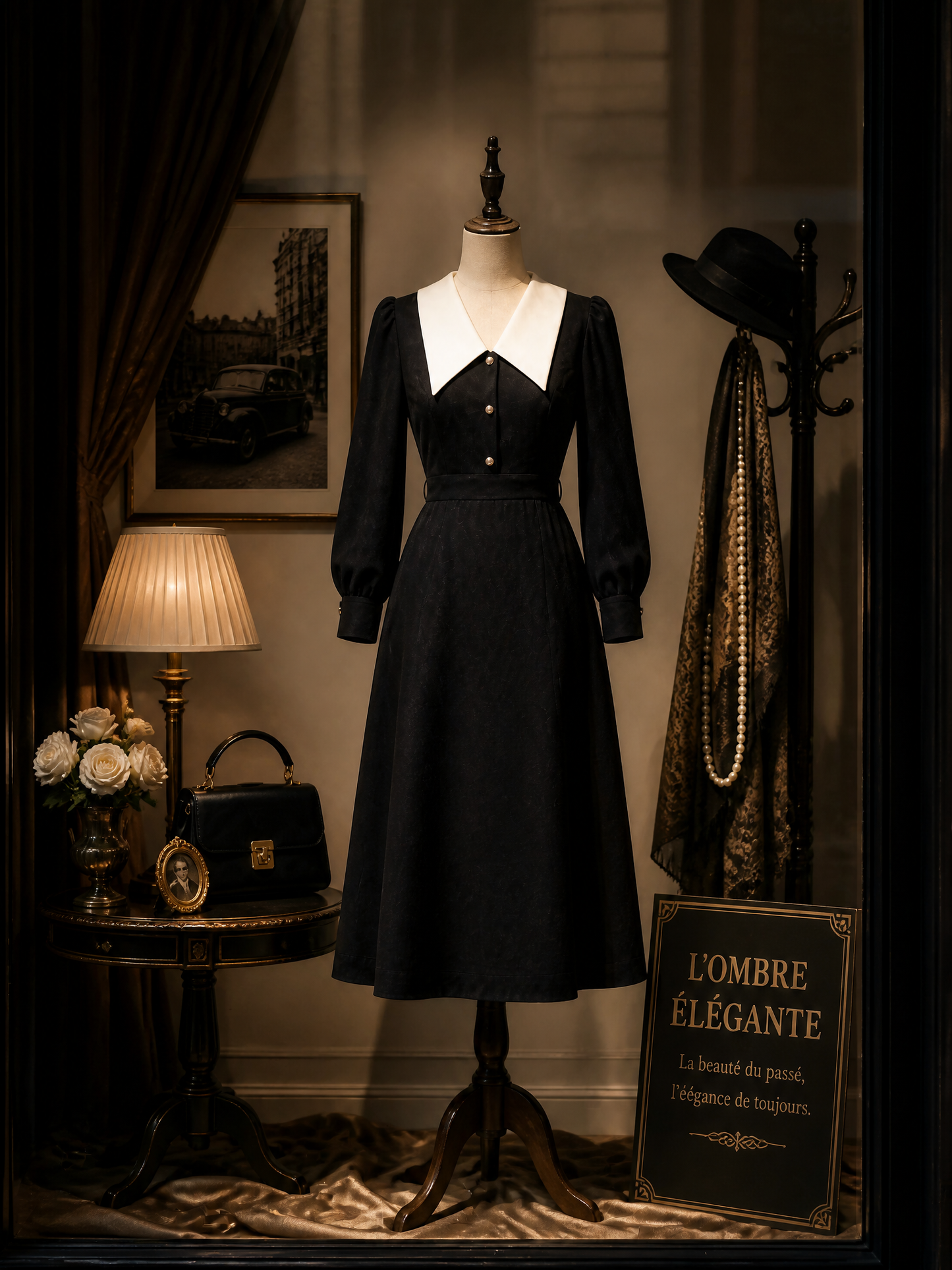 Vintage Contrast White Peter-Pan Collar Pearl-Button Midi Dress