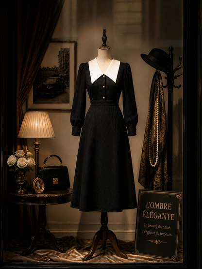 Vintage Contrast White Peter-Pan Collar Pearl-Button Midi Dress