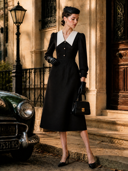 Vintage Contrast White Peter-Pan Collar Pearl-Button Midi Dress
