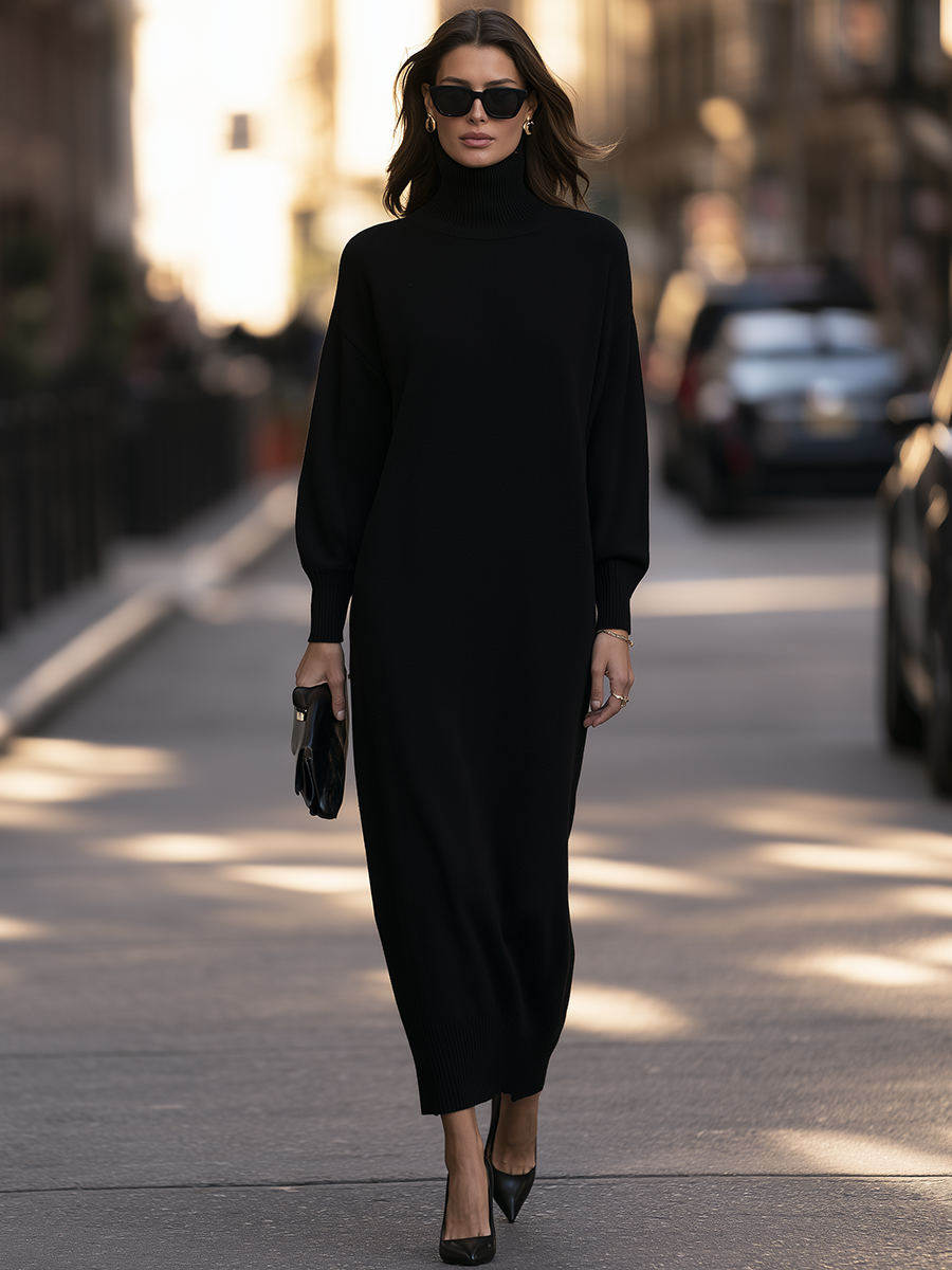 Turtleneck Drop-Shoulder Relaxed Knit Maxi Sweater Dress