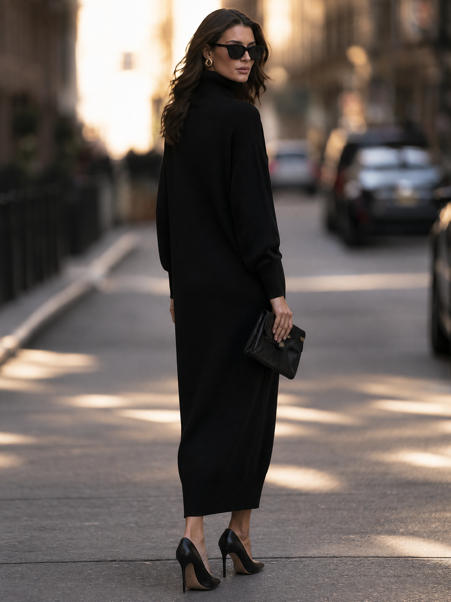 Turtleneck Drop-Shoulder Relaxed Knit Maxi Sweater Dress