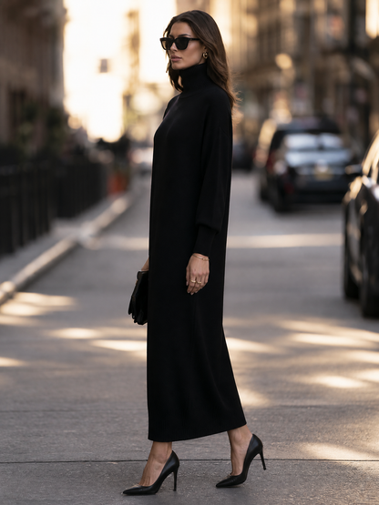 Turtleneck Drop-Shoulder Relaxed Knit Maxi Sweater Dress