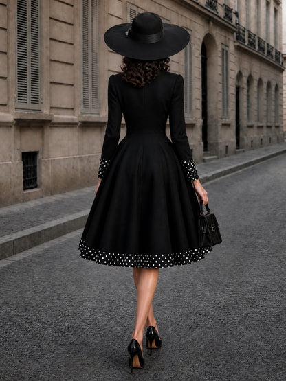 Vintage Black Polka Dot Bow Pearl-Button Midi Dress
