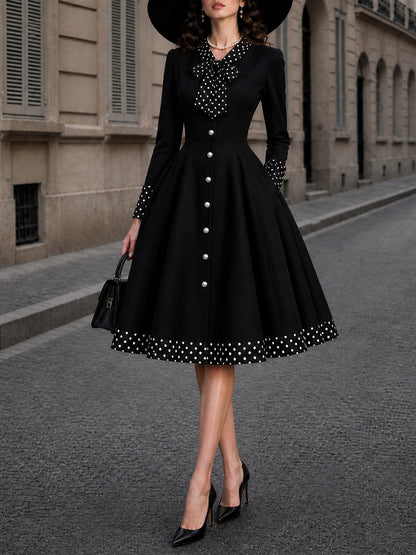 Vintage Black Polka Dot Bow Pearl-Button Midi Dress