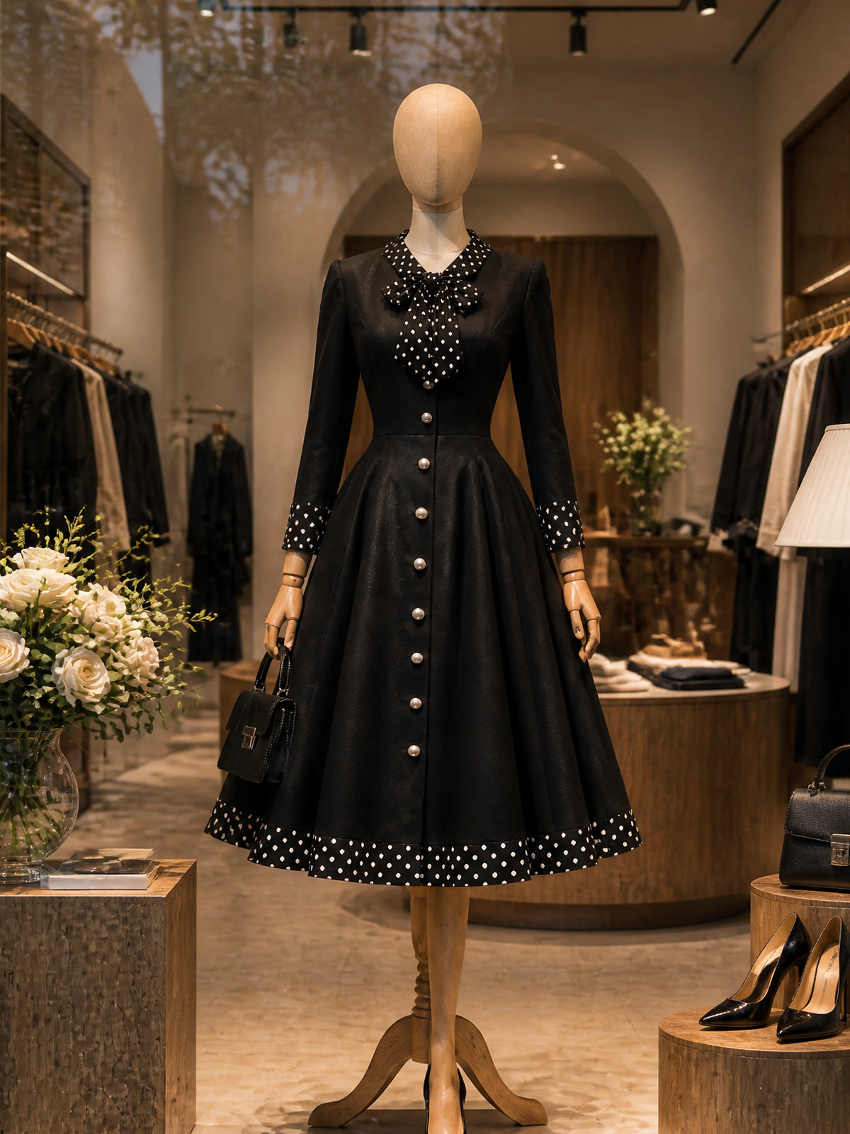 Vintage Black Polka Dot Bow Pearl-Button Midi Dress