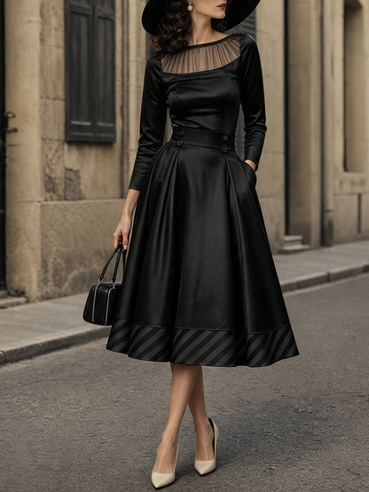 Vintage Black Mesh-Yoke Satin A-Line Midi Dress