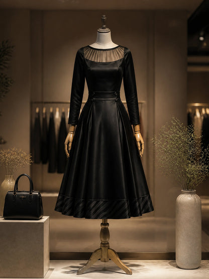 Vintage Black Mesh-Yoke Satin A-Line Midi Dress